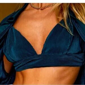 12th Tribe Blue Rib Velvet Velour V-neck Sleeveless Crop Corduroy Bra Tank Top S